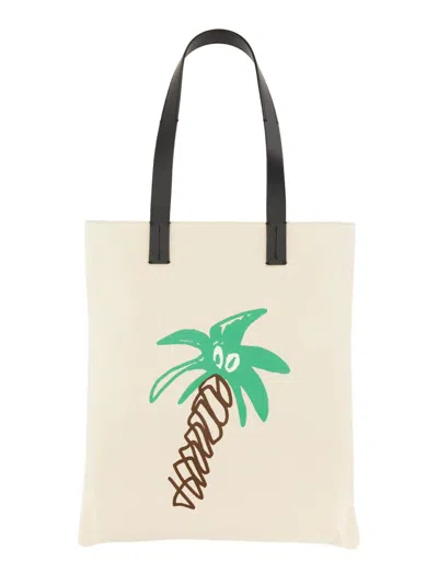 Palm Angels Cotton Canvas Shopping Bag In White