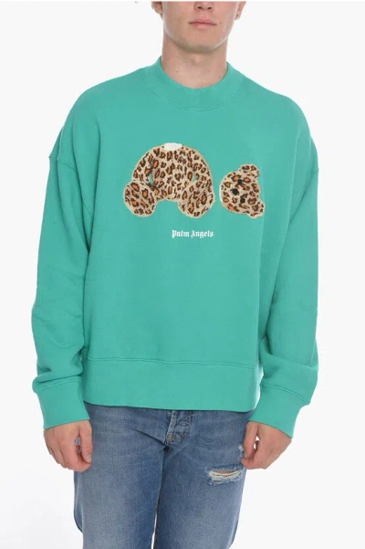 Palm Angels Teddy Bear-print Cotton Sweatshirt Green In Xs