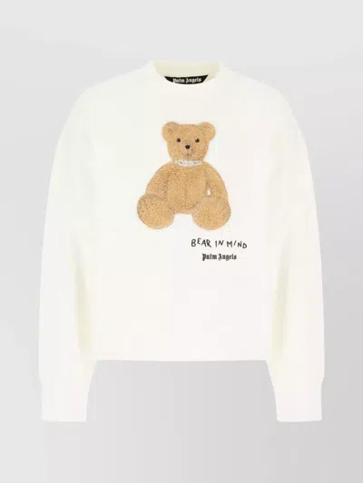 Palm Angels Cotton Crew Neck Sweatshirt With Teddy Bear Motif In Neutral