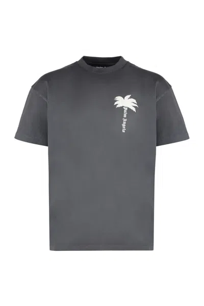 Palm Angels Cotton Crew Neck T-shirt With Graphic Print In Grey