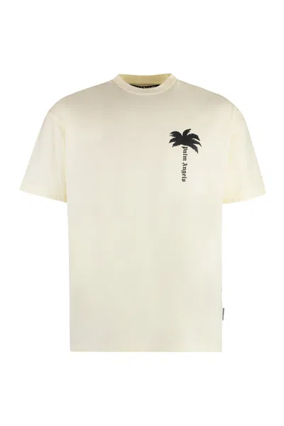 Palm Angels Cotton Crew-neck T-shirt In Off-white/black