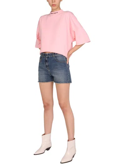 Palm Angels Cotton Denim Shorts In Blue