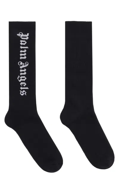 Palm Angels Black Vertical Logo Cotton-blend Socks In Multi