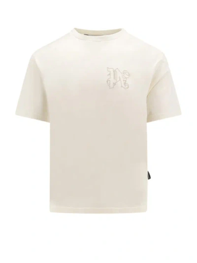 Palm Angels Cotton T-shirt With Embroidered Logo On The Front In Neutrals