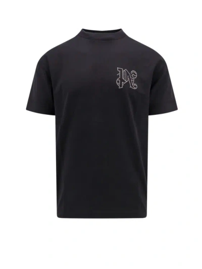 PALM ANGELS COTTON T-SHIRT WITH STUDDED MONOGRAM ON THE FRONT