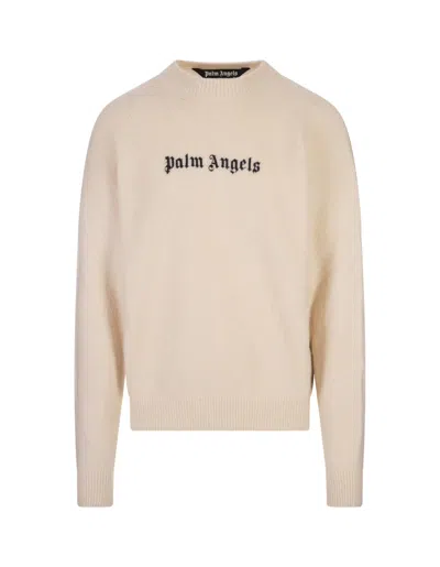 Palm Angels Cream  Sweater With Contrast Logo In Whiteblac