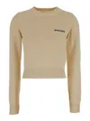 Palm Angels Cream White Crewneck Sweater With Embroidered Logo In Cotton Woman
