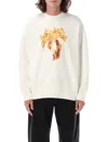 Palm Angels White Crewneck Sweatshirt With Burning Logo Print In Cotton Man