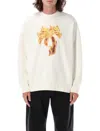 Palm Angels White Crewneck Sweatshirt With Burning Logo Print In Cotton Man In Gold