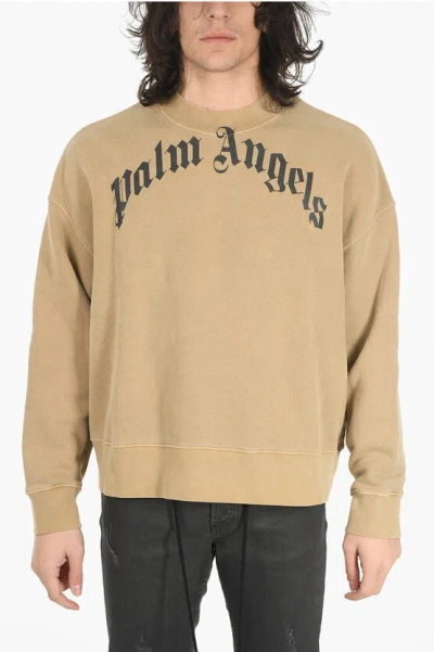 Palm Angels Crew Neck Curved Logo Brushed Cotton Sweatshirt In Brown