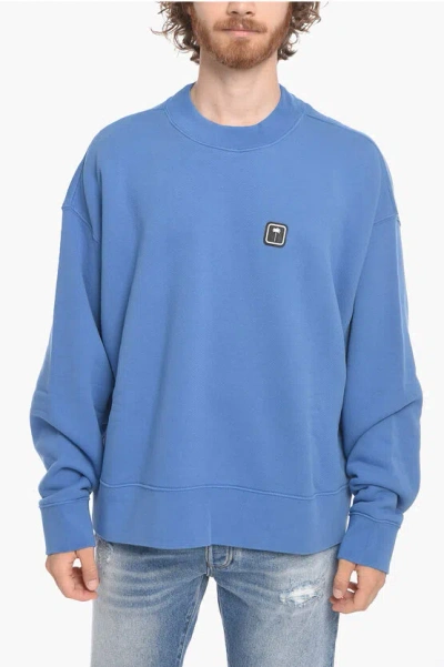 Palm Angels Crew Neck Pxp Palm Brushed Cotton Sweatshirt In Blue