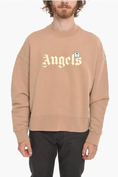 Palm Angels Crew Neck Pxp Palm Brushed Cotton Sweatshirt In Beige