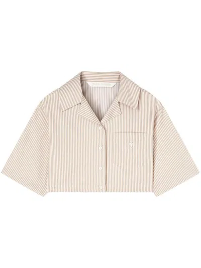 Palm Angels Crop Shirt With Beige And White Stripes With Logo In Brown