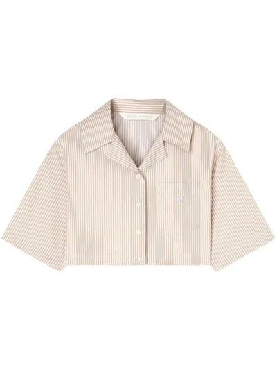 Palm Angels Crop Shirt With Beige And White Stripes With Logo
