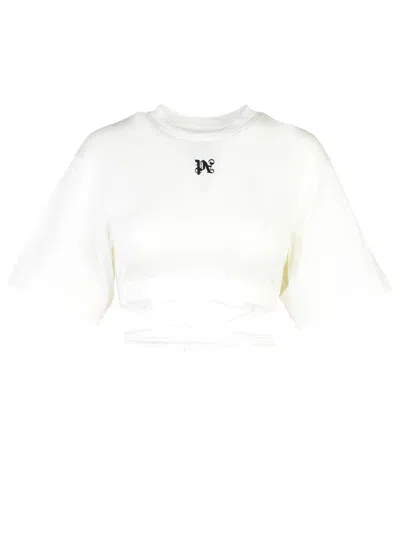 Palm Angels Logo-embroidered Cropped T-shirt In White