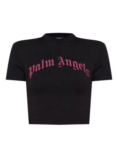 Palm Angels Cropped T-shirt With Gothic Fuchsia Print In Black