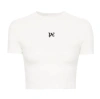 Palm Angels Cropped Cotton T-shirt With Logo Print In Beige