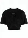 Palm Angels Cropped Black Cotton Top With Front Twist Detail In Black