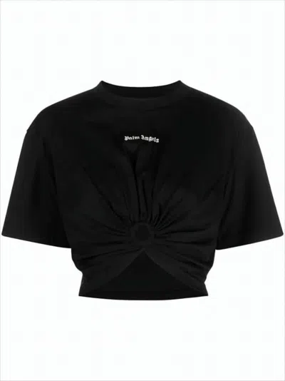 PALM ANGELS CROPPED BLACK COTTON TOP WITH FRONT TWIST DETAIL