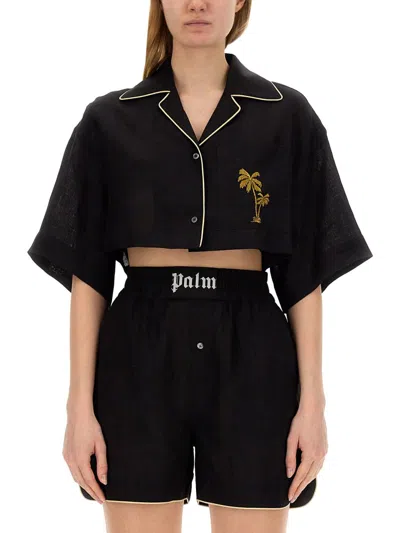 Palm Angels Palm Embroidered Cropped Bowling Shirt In Black