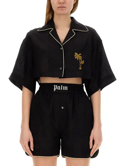Palm Angels Cropped Bowling Shirt In Black
