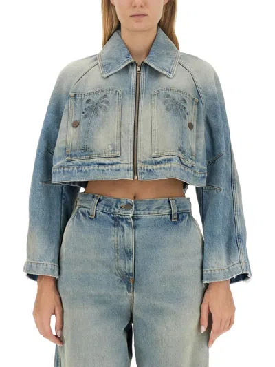 Palm Angels Cropped Denim Jacket In Blue