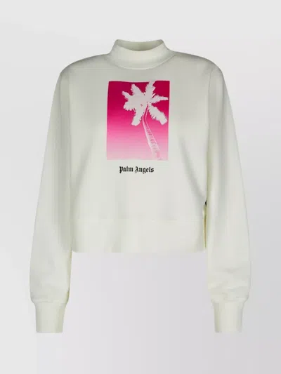 Palm Angels Palm Tree-print Cotton Sweatshirt In Blanco