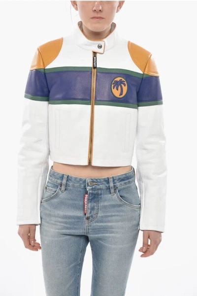 Palm Angels Cropped Leather Jacket Cb Classic With Contrast Details In White