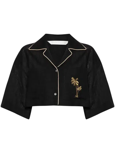 Palm Angels Palm Embroidered Cropped Bowling Shirt In Black