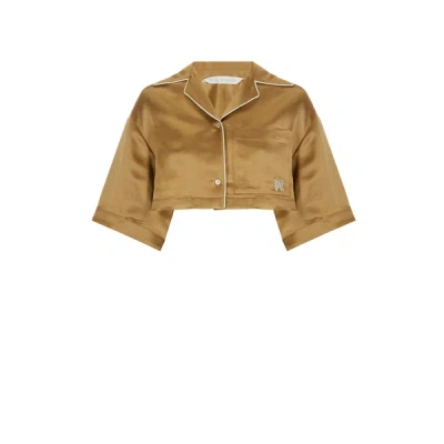 Palm Angels Cropped Satin Shirt In Beige