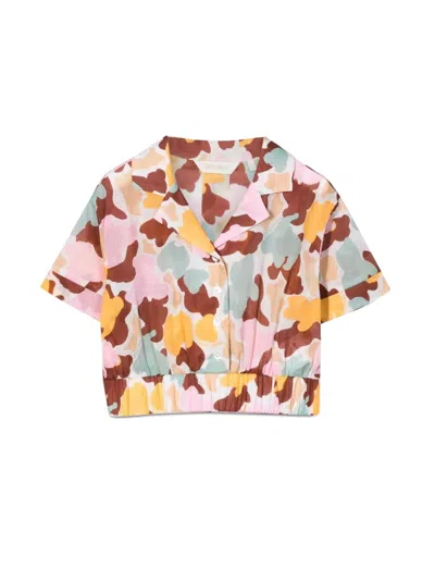 Palm Angels Kids' Camouflage-print Cropped Shirt In Neutrals