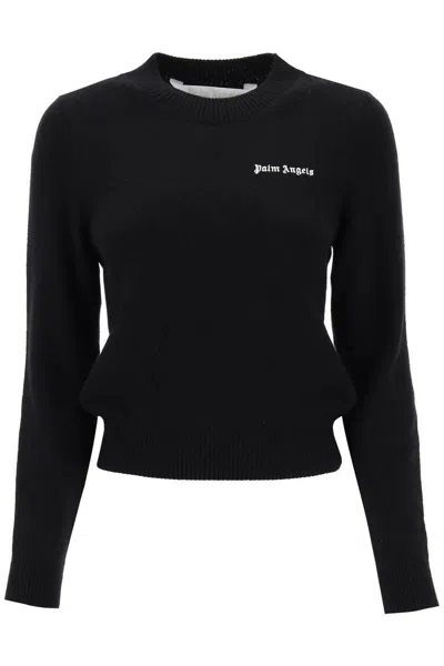 Palm Angels Cropped Sweater With Logo Embroidery In Nero