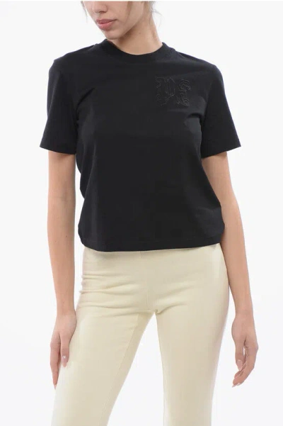 Palm Angels Cropped T-shirt With Embroidered Logo In Black
