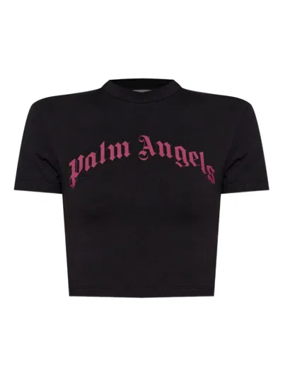 Palm Angels Cropped T-shirt With Gothic Fuchsia Print In Black