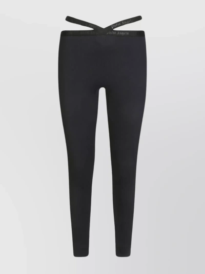 Palm Angels Crossed Waistband Ribbed Leggings In Black