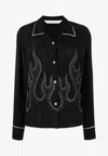 Palm Angels Flame-embroidered Shirt Crystal Embellishments In Black