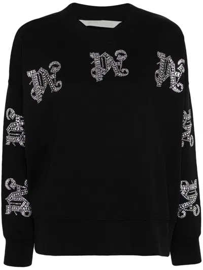 Palm Angels Crystal-logo Cotton Sweatshirt In Black Silver