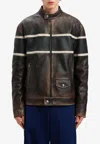Palm Angels Crystal Pin-up Biker Leather Jacket In Brown