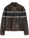Palm Angels Crystal Pin-up Biker Leather Jacket In Brown - Off White