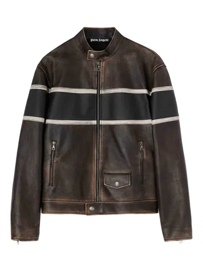 Palm Angels Crystal Pin-up Byker Jacket In Brown