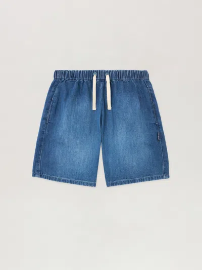 Palm Angels Kids' Curved Logo Chambray Shorts In Blue