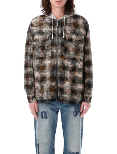 Palm Angels Curved Logo Check Padded Overshirt In Grey Off White