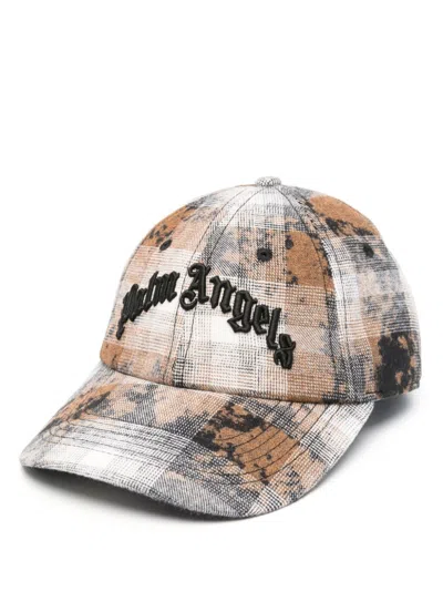 Palm Angels Curved-logo Checked Cap In Grey