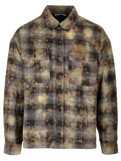 Palm Angels Curved Logo Checkered Shirt In Brown