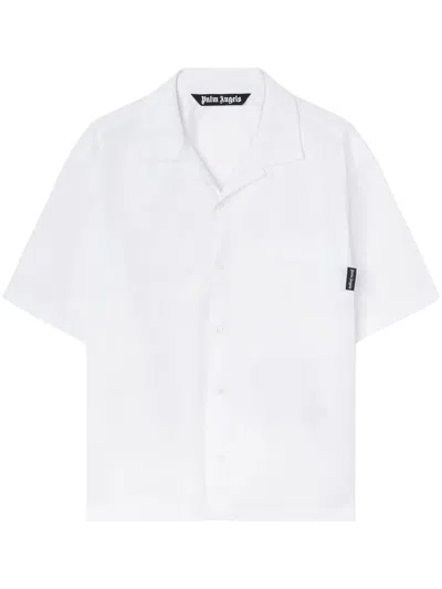 Palm Angels Short-sleeved Cotton Shirt With Cuban Collar And Logo Detail In White