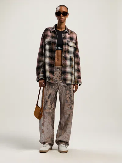 Palm Angels Curved Logo Coated Checkshirt In Brown