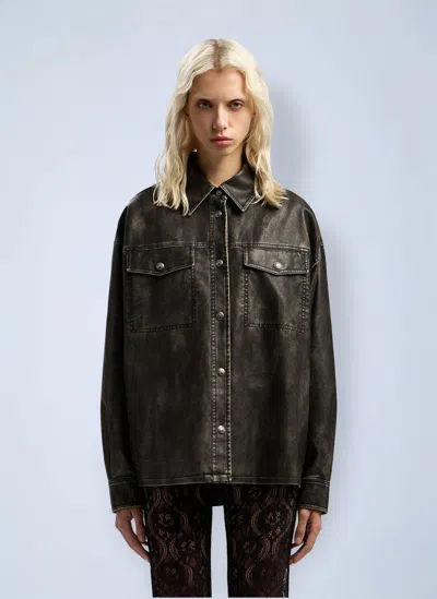 Palm Angels Curved Logo Coated Overshirt In Black