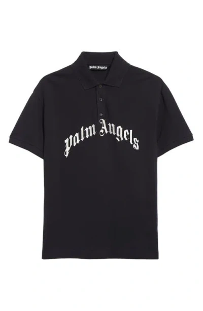 Palm Angels Curved Logo Embroidered Polo Shirt In Black