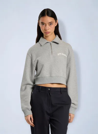 Palm Angels Curved Logo Crop Polo Crew Long Sleeve In Gray