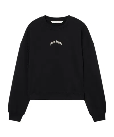 Palm Angels Neutrals Crop Crewneck Arched Logo Sweatshirt In Black